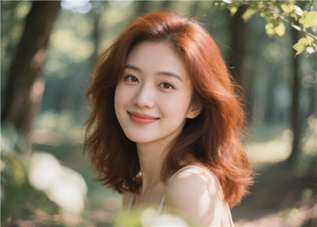 树林甜美微笑染发美女写真图片