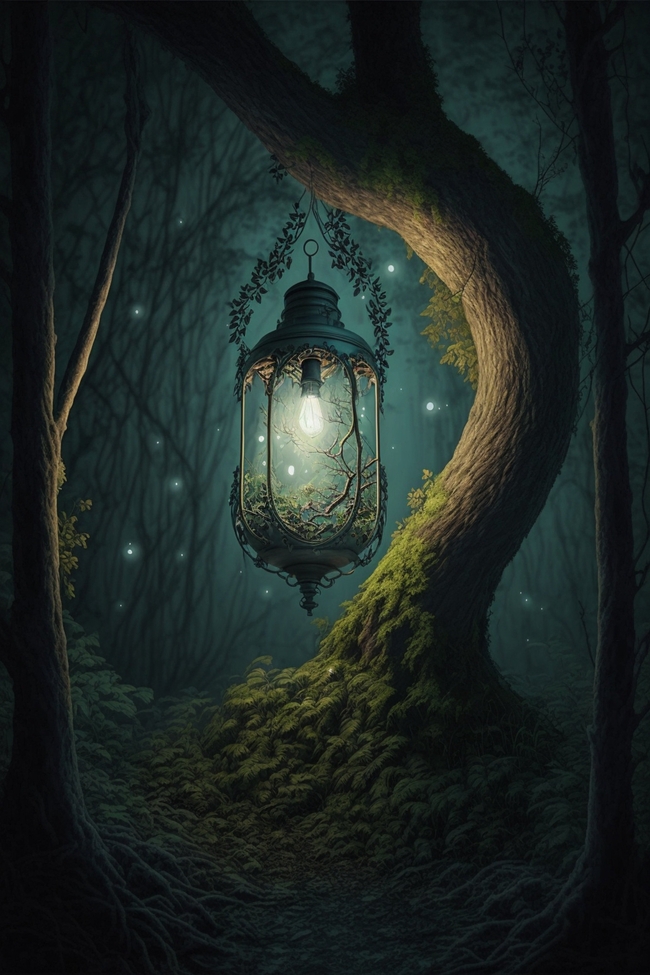 夜晚梦幻森林手提灯图片