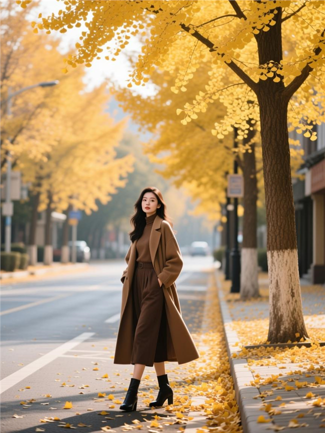 秋天黄色银杏树街头美女摄影图片