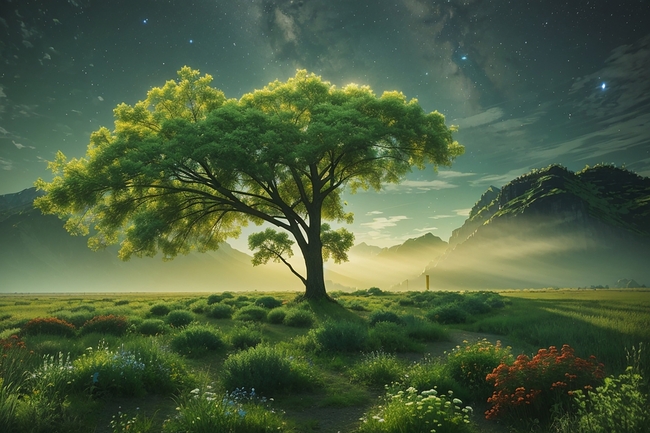 夜晚唯美星空草地树木风景图片