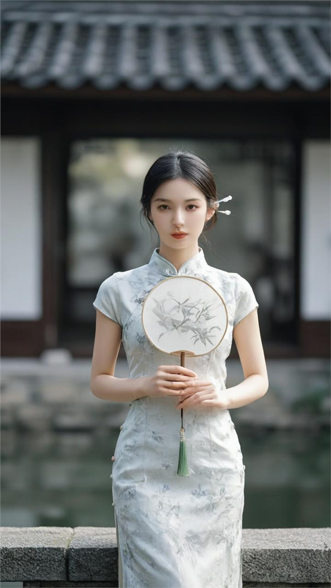 江南手持扇子的旗袍美女图片
