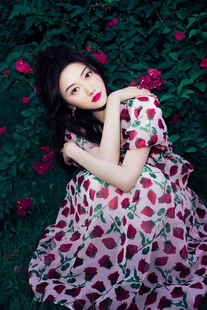 高清美女明星景甜穿着红色碎花裙写真图片