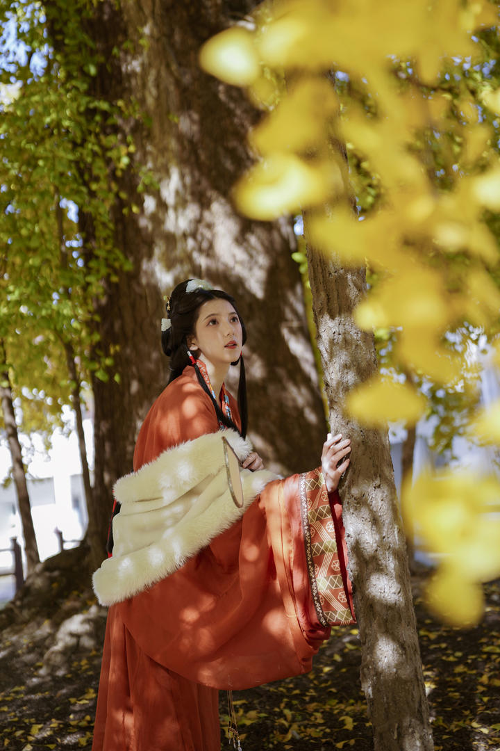 大树下的红色汉服美女个人艺术写真图片