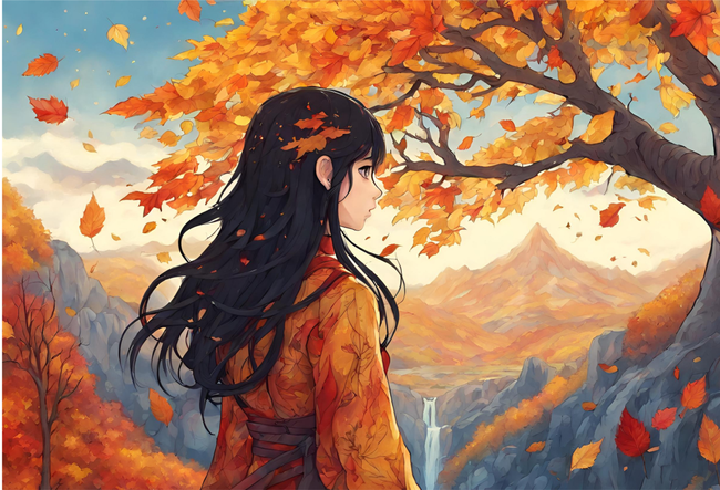 金色秋天日本动漫美女插画图片