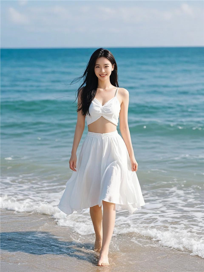 夏日海边性感白裙美女图片