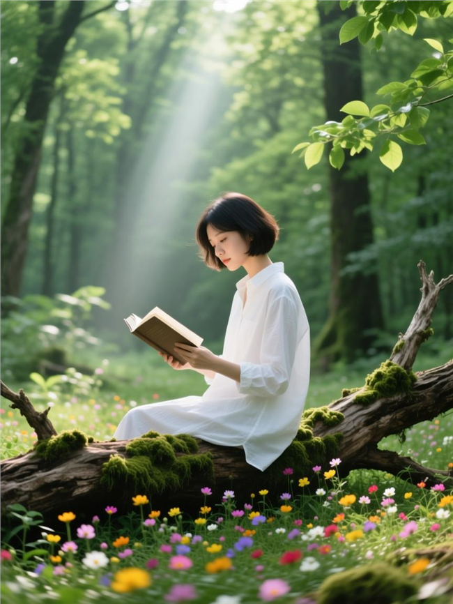 春天绿色树林看书的美女图片