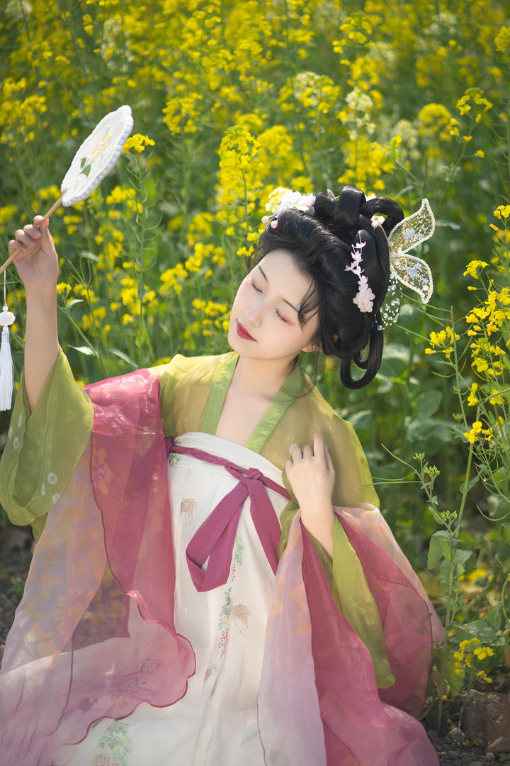 油菜花田中的唐宋古装美女个人艺术照图片