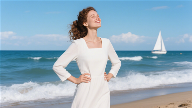 夏日海边白色连衣裙美女图片