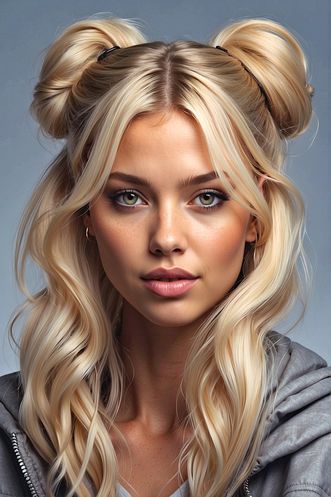 欧美金发美女双丸子头发型图片