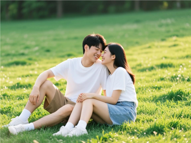 户外草地依偎在一起的情侣图片