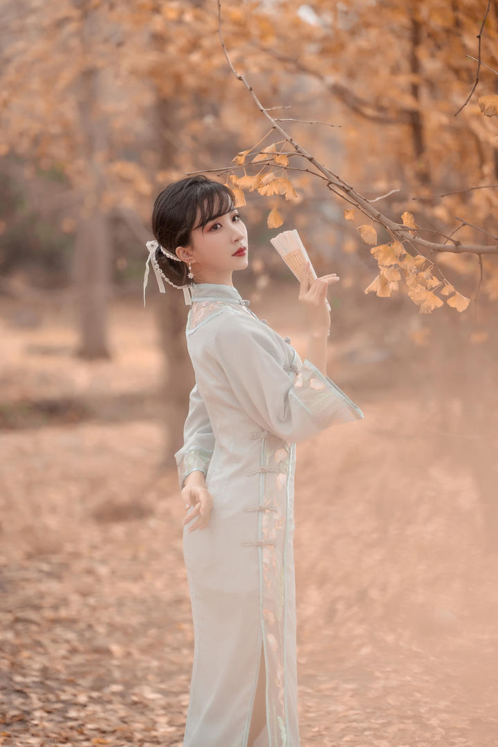 秋日树林中的唯美古典旗袍美女艺术写真图片