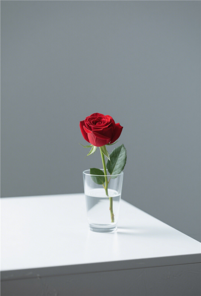 插在玻璃杯中的红玫瑰图片