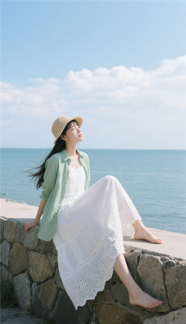 春日小清新海边美女写真图片