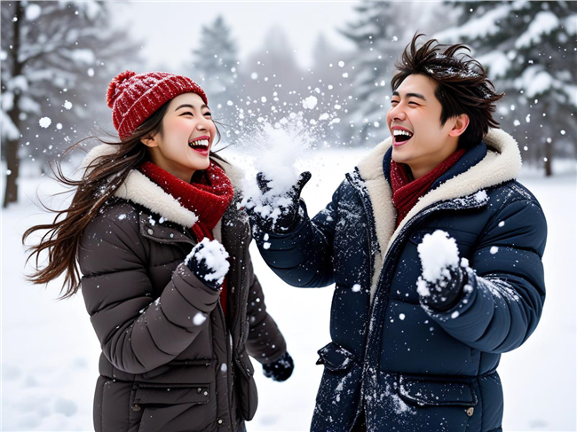 冬季雪中开怀大笑的亚洲情侣图片