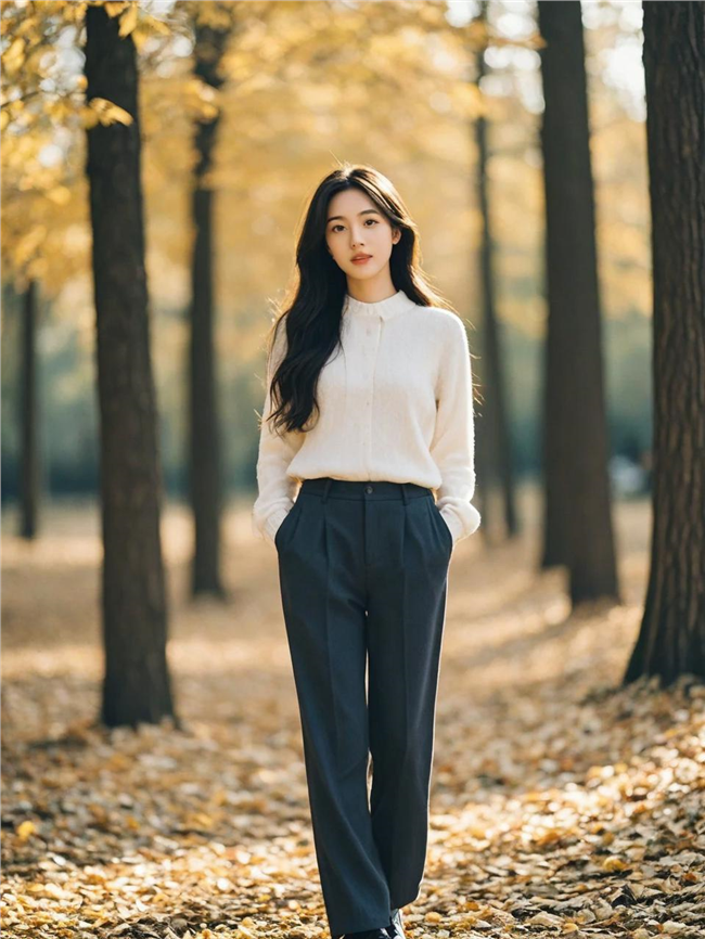 秋天树林长袖衬衫黑色西装裤美女图片