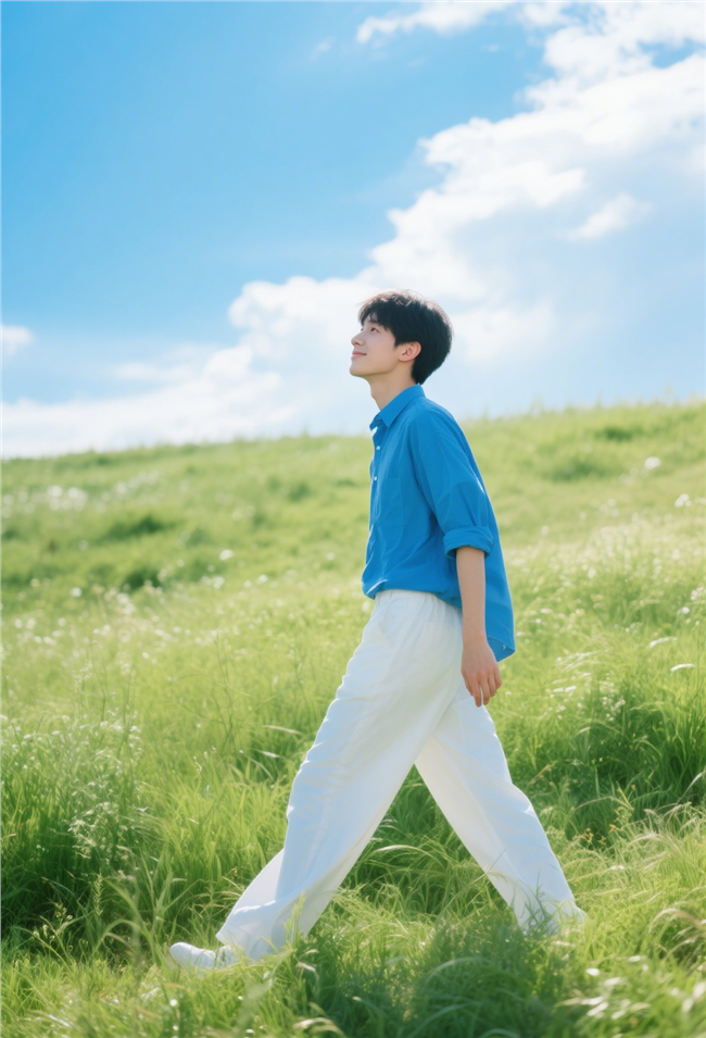 治愈系蓝天白云草地帅哥户外写真图片