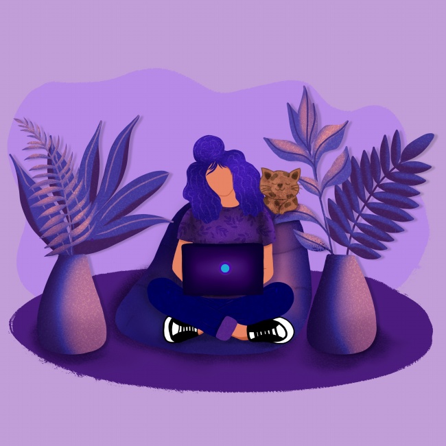 紫色风格家居人物卡通插画图片
