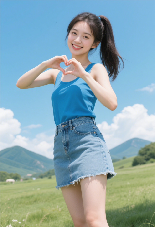 户外蓝色上衣牛仔短裙手比爱心美女图片
