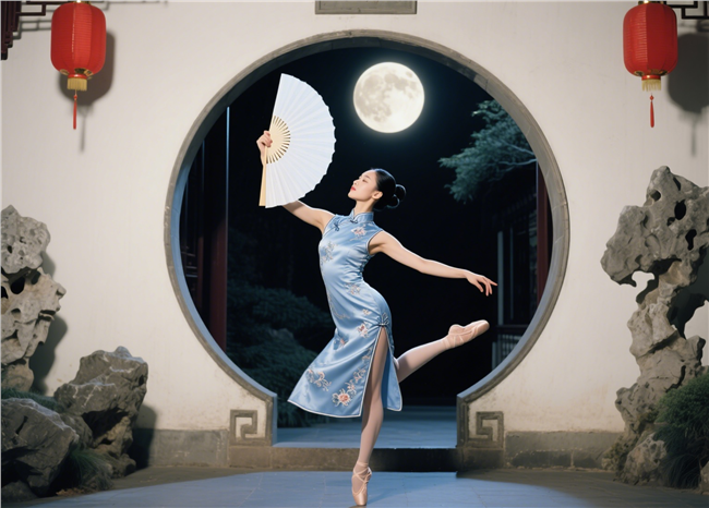 中式庭院跳舞的古典旗袍美女图片