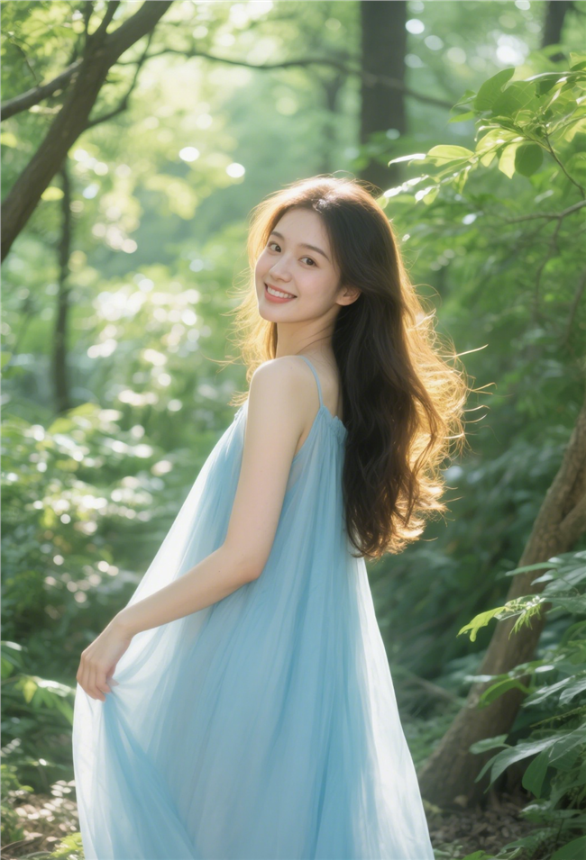 树林甜美风蓝色纱裙美女写真图片
