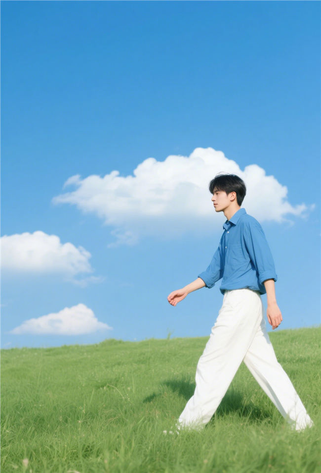 蓝天白云草地侧颜帅哥写真图片