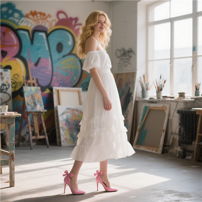 欧美画室白色连衣裙美女写真图片