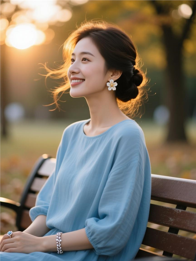 秋天公园长椅优雅气质盘发美女图片