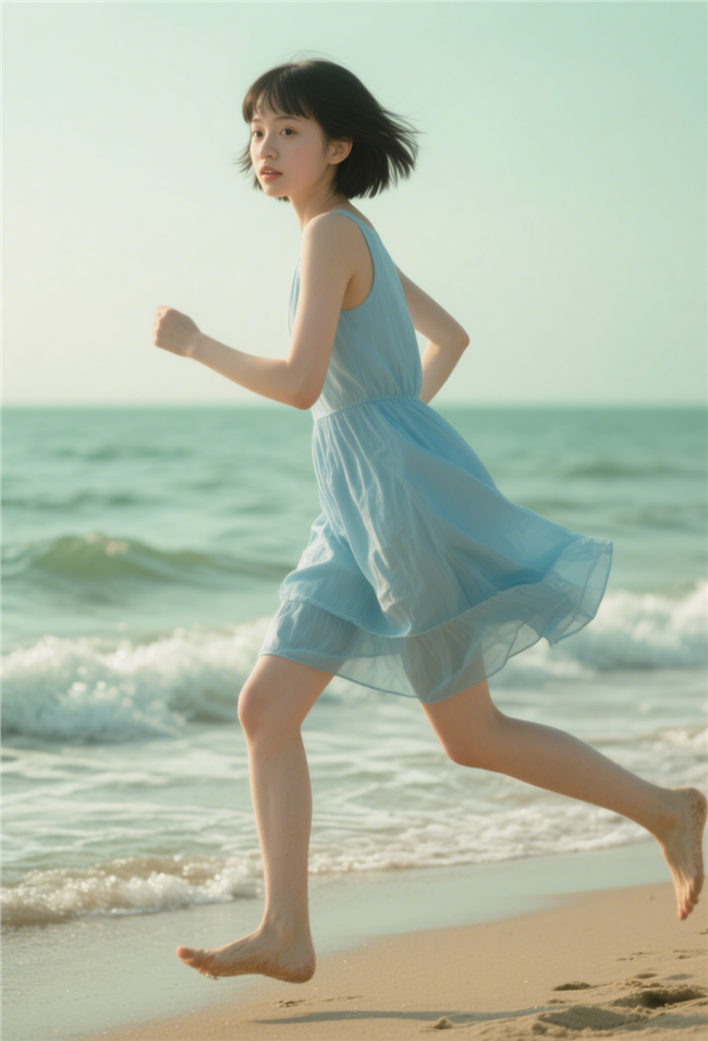 夏日海边奔跑的少女美女图片