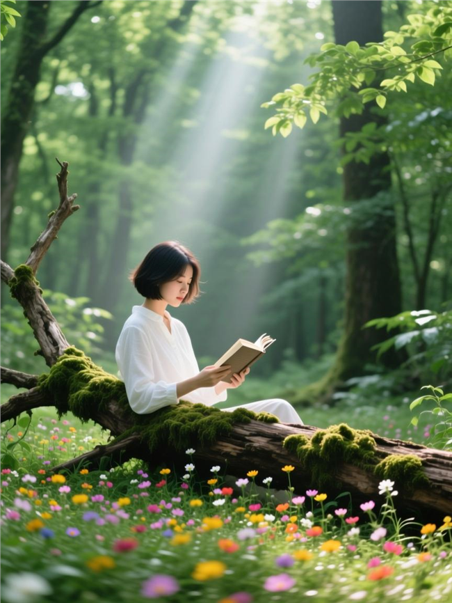 绿色森林丁达尔光下看书的美女图片
