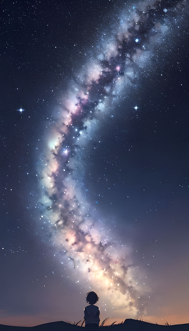 小男孩坐在蓝色星空下图片