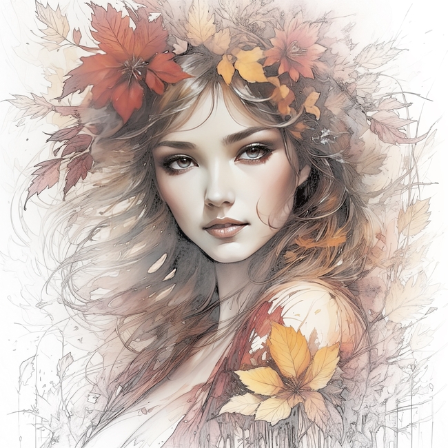 秋天氛围感美女手绘插画图片