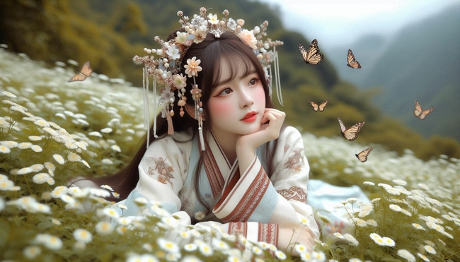 白色雏菊花海汉服美女写真图片