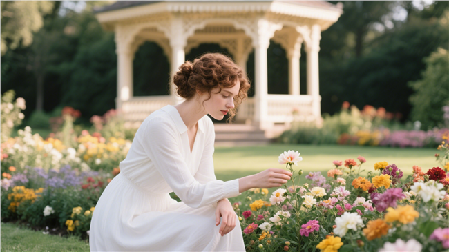 欧式花园赏花的欧美美女图片