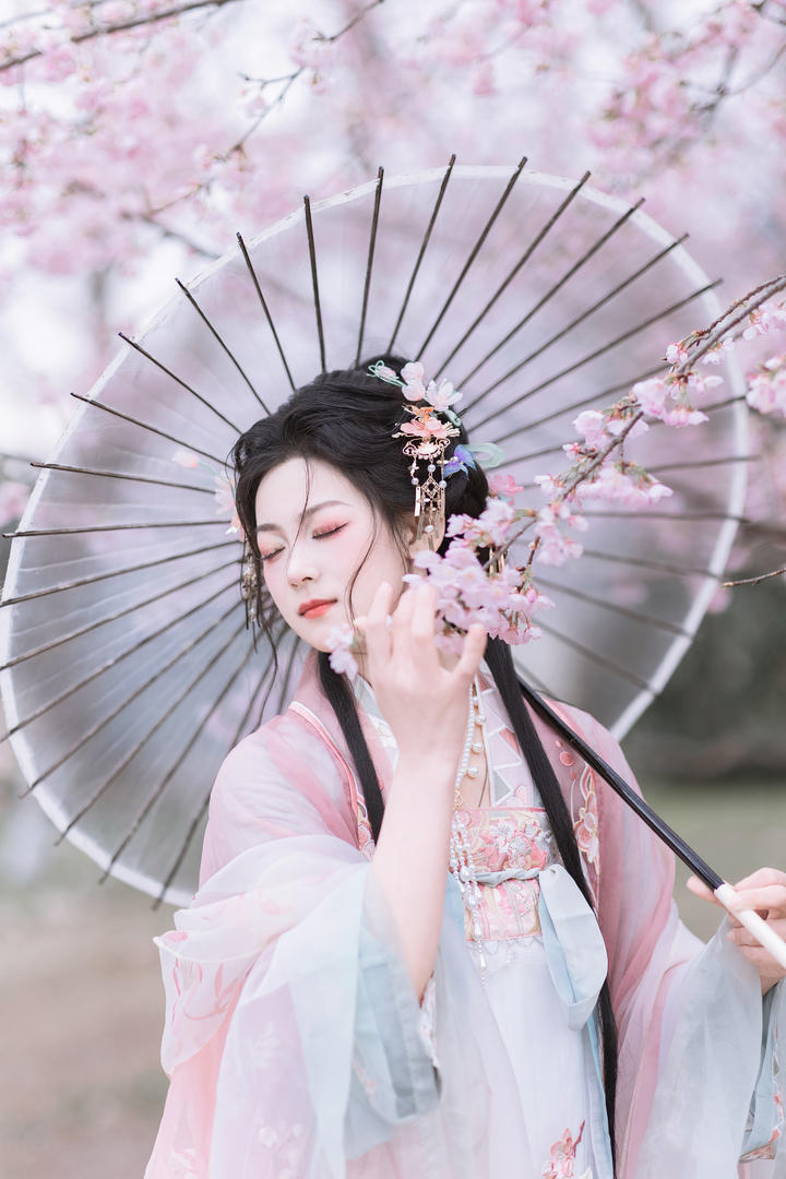 观赏樱花的古风美女主播图片