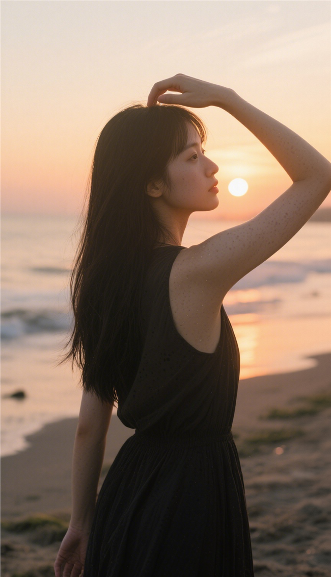 日暮黄昏海边电影风格美女写真图片