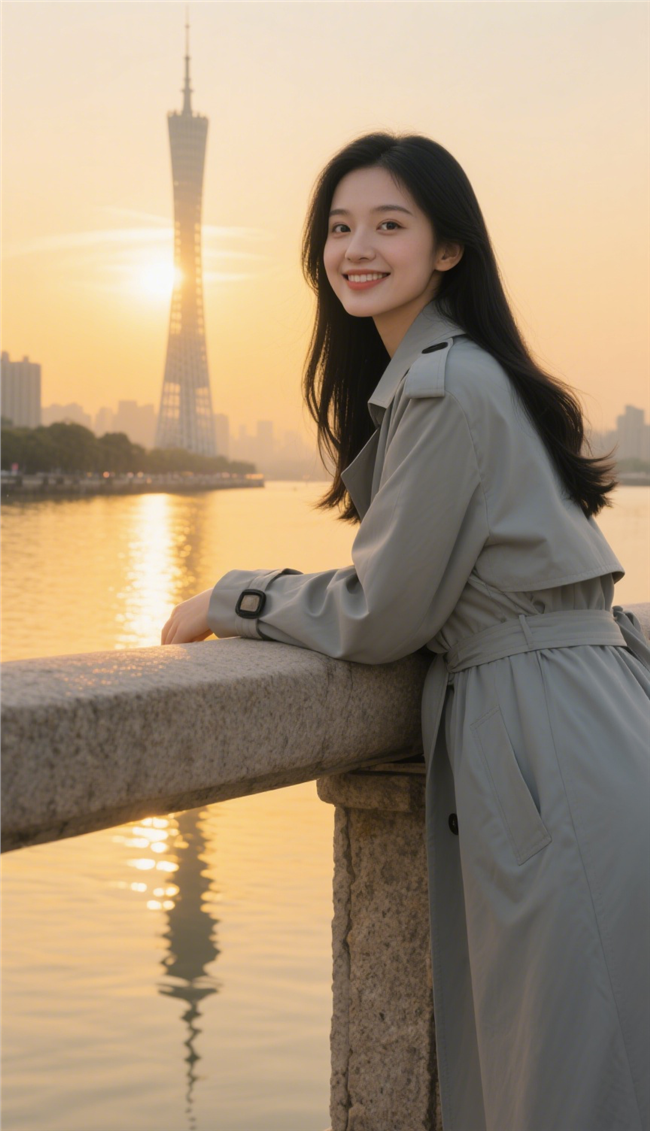 日暮黄昏广州铁塔风衣美女摄影图片