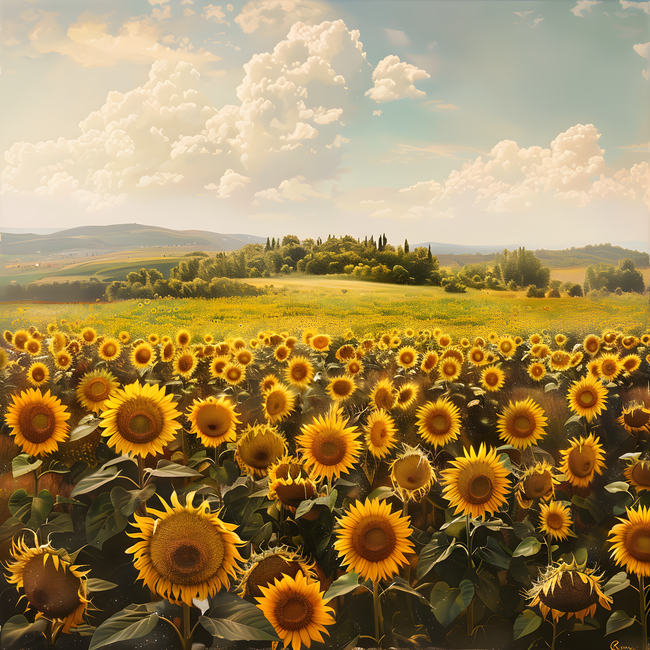 蓝天白云远山草地向日葵花海风景图片