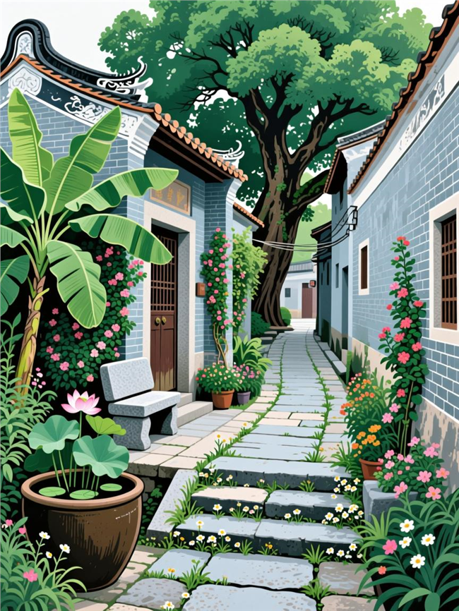 岭南古巷插画设计图片