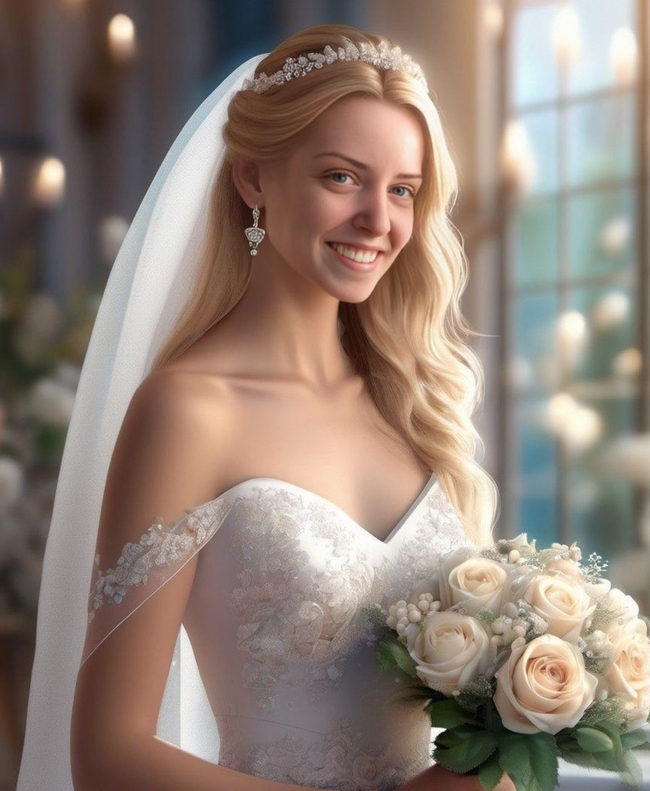 欧美幸福新娘手捧花束婚纱摄影图片