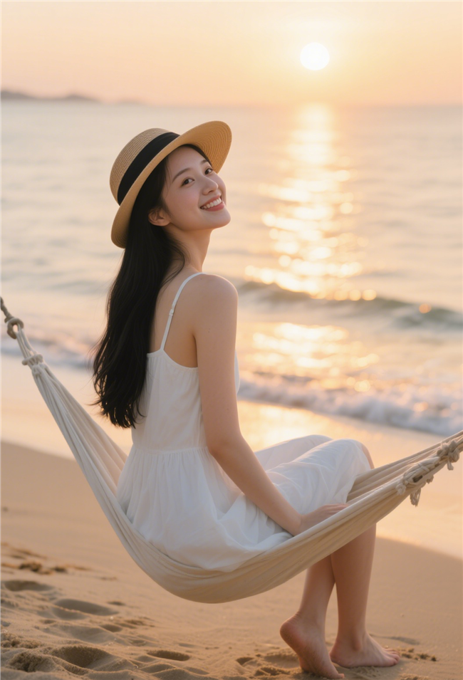 日暮黄昏海边吊床美女摄影图片