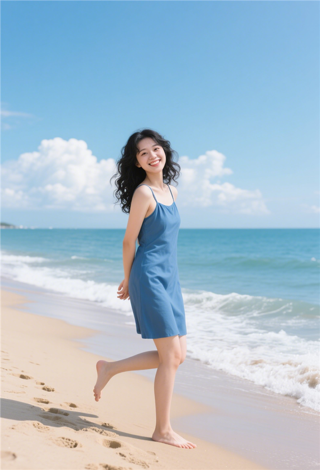 蓝色海边踏浪看海美女图片