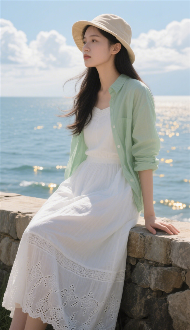 戴着渔夫帽的白色长裙美女图片