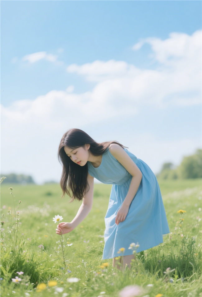 春日户外踏青摘花的美女图片