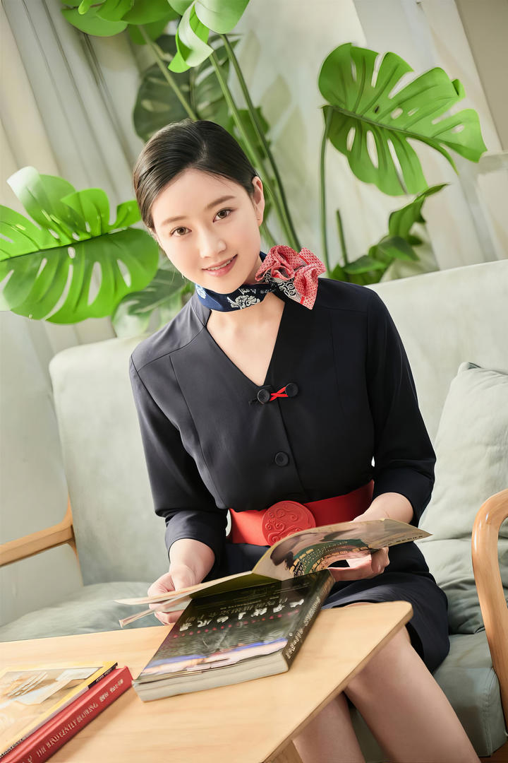 看杂志的极品气质美女空姐养眼写真图片