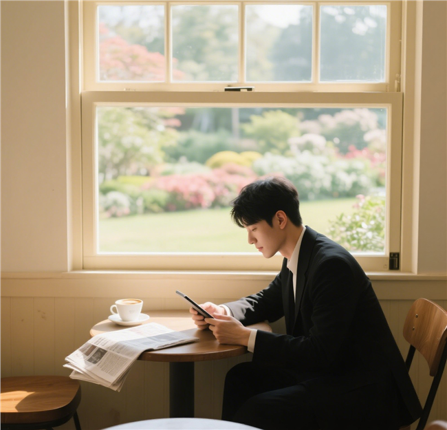 坐在窗边咖啡桌喝咖啡的帅哥图片