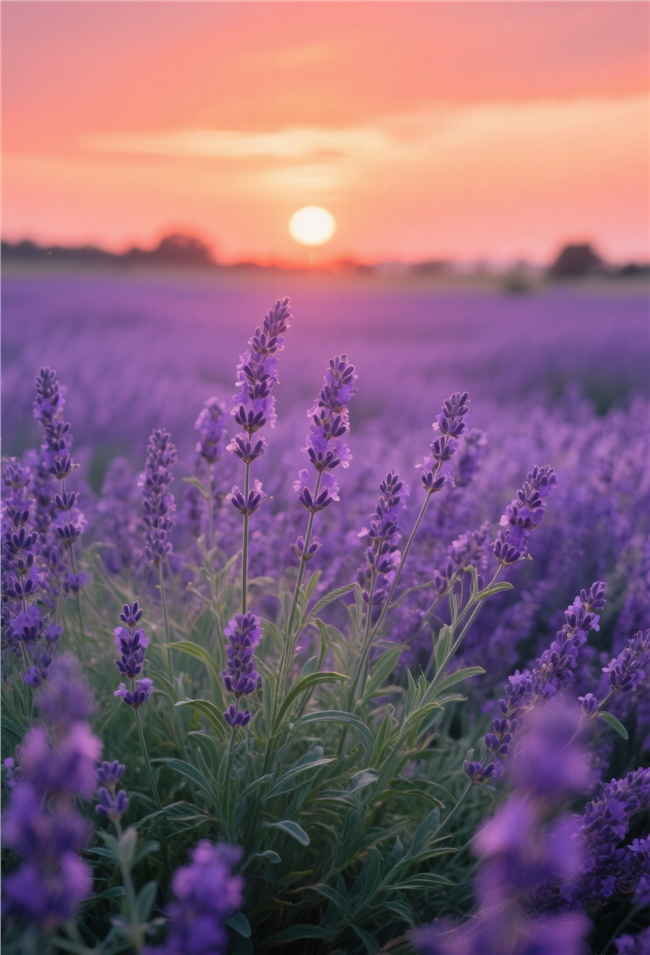 日暮黄昏夕阳西下薰衣草花海摄影图片