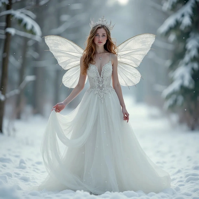 冬季雪地白色天使婚纱裙美女写真图片