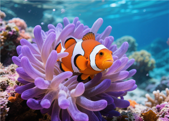 蓝色深海海葵小丑鱼摄影图片