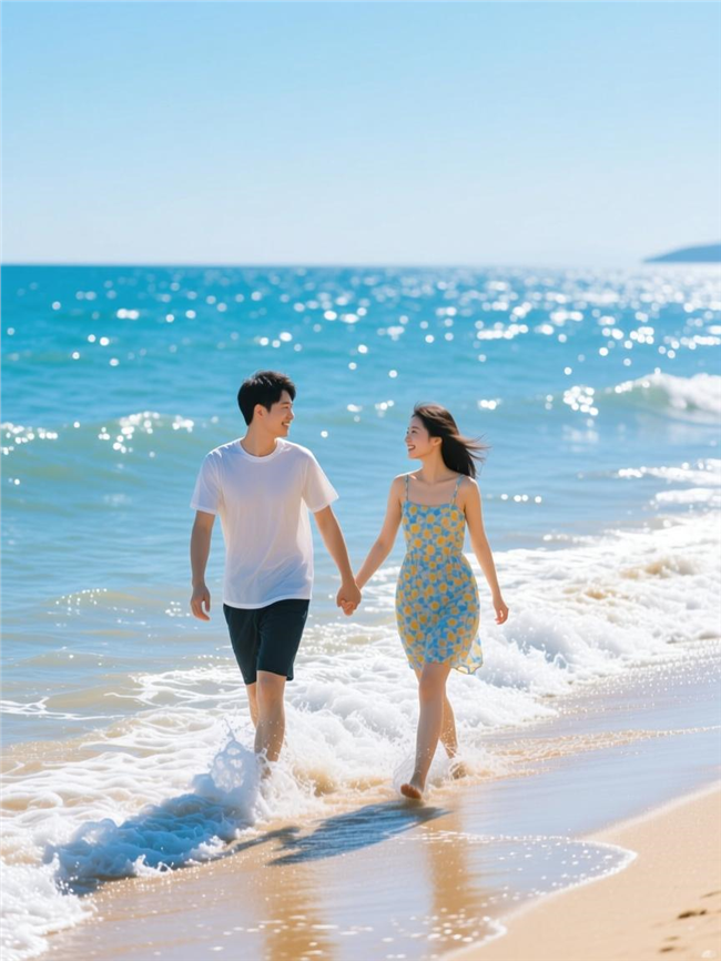 夏日海边情侣手拉手踏浪图片