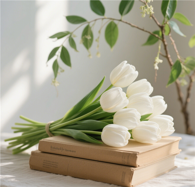 白色郁金香花牛皮纸书籍摄影图片
